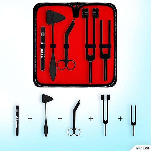 Diagnostics Kit - Percussion Taylor Reflex Hammer + C 128 & C 512 Tuning Forks + Bandage Scissors + Pupil Gauge Pen Light in Carrying Case - 6 Pieces Set - Full Black