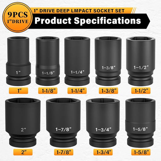 1" Drive Jumbo Impact Socket Set,9 PCS SAE (1to 2 INCH) Universal Hex Deep Socket Combination,CR-MO Alloy Steel,Heavy Duty Storage Case