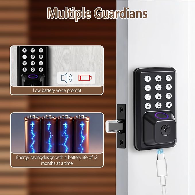 Smart Fingerprint Door Lock with Keypad, Keyless Entry Door Lock Deadbolt with Remote App Control, Voice Prompt, Auto Lock, 500+ User Capacity, IP55 Waterproof, Easy Installation, Type-C Port Charging