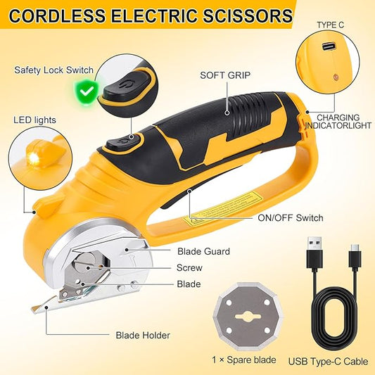 Cordless Electric Scissors,3.6V Cardboard Cutter,Electric Box Cutter with 1 Blade,USB Charging Cable,Safety Lock - Suitable for Fabric,Leather,Plastic,Crafts,Scissors for Cardboard
