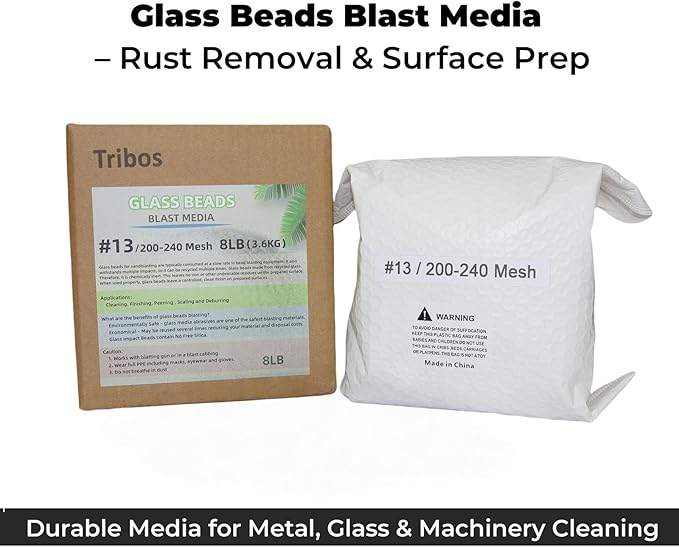 Glass Bead Media for Sandblasting ??8LB Non-Silica Reusable Blasting Abrasive for Rust Removal & Surface Finishing ??Multiple Mesh Options #13(200~240Mesh)