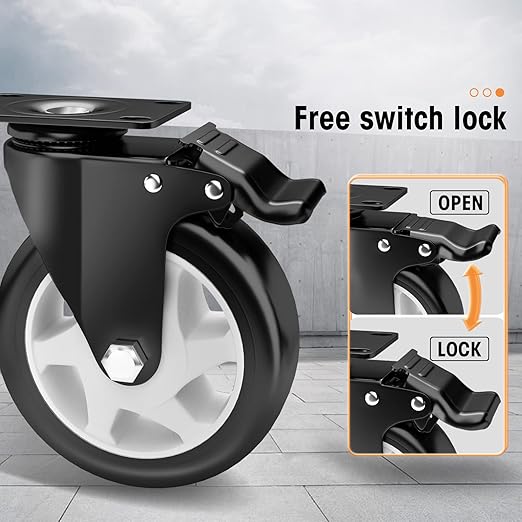 Casters, 5" Caster Wheels竊똂asters Set of 8 Heavy Duty - ASRINIEY Black Polyurethane Castors, Top Plate Swivel Wheels, 8-Pack Industrial Casters with Brake, Locking Casters for Furniture and Workbench