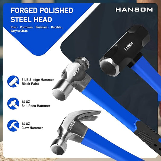 5-Pack Hammer Set,Rubber Mallet 32oz, Double-Faced Mallet 22oz,16oz Claw Hammer,16oz Ball Peen Hammer,3lb Sledge Hammer,Ergonomic Handle