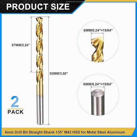 PATIKIL 6mm Drill Bit, M42 8% Cobalt High-Speed Steel Jobber Straight Shank 135° Titanium Nitride (TiN) Coated for Hard Metal Stainless Steel - 2 Pack