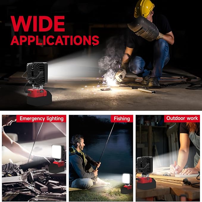 New Upgrade Azocek LED Work Light Compatible with Mil-wau-kee 18V Battery, 48W 4800LM Flashlight, 18V Battery Cordless Work Light with Low Voltage Protection & Dual USB & Type-C Charging Port (48W)
