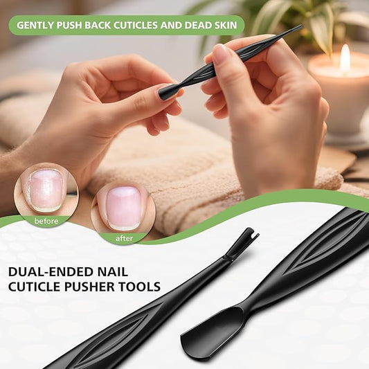 BALUCA 2-in-1 Cuticle Pusher & Trimmer with Fork ??Professional Stainless Steel Nail Cuticle Remover Tool for Pain-Free Manicure & Pedicure ??Durable Metal Cuticle Nippers and Scraper, Black