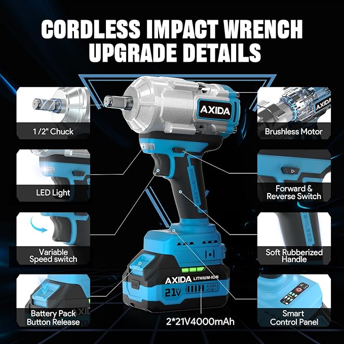 Cordless Impact Wrench 1/2 Inch, 1500N·m(1107ft・lbs) Brushless High Torque Impact Gun, 21V Impact Driver with 2x 4.0Ah Batteries, Charger & 5 Sockets, Variable Speeds for Car/Truck RV/Mower