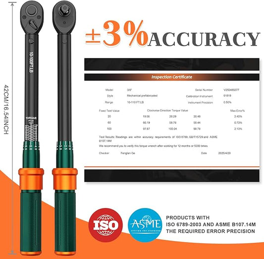 3/8-Inch Drive Click Torque Wrench, 10-100 Ft.Lb, 72-Tooth Dual-Direction Adjustable Torque Wrench, 짹3% High Precision for Bicycle, Motorcycle, Car Maintenance