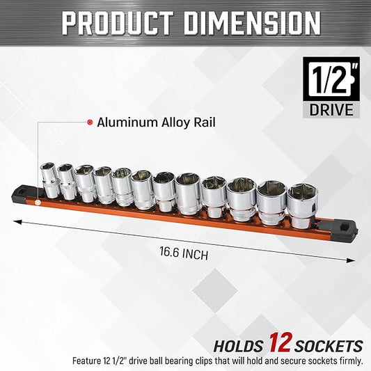 ALOANES 1/2-Inch Drive Magnetic Socket Organizer, Heavy Duty Aluminum Socket Rail Organizer, 360째 Swivel Clips Socket Rail Set For Sockets Storage, 1/2-Inch Socket Holder x 12 Clips (Orange)