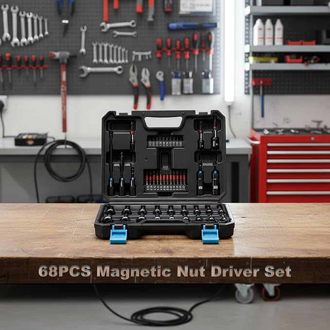 68PCS Magnetic Nut Driver Set for Impact Drill, 1/4" Impact Drill Driver Bit Set, Metric & SAE, Screwdriver Bits, Socket Adapters, Quick-Release Extension, Wing Nut Drivers, Storage Case