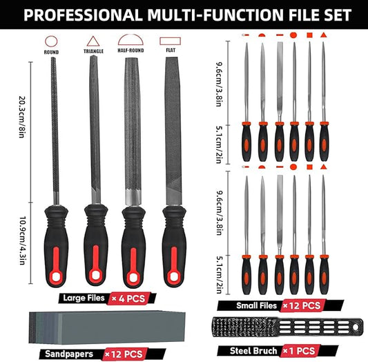 Greywolf 35 piece file set, metal files, premium T12 carbon steel flat, half-round, round, and triangular tips, plus 14 fine sanding tools and 16 sheets of sandpaper for metalworking and woodworking