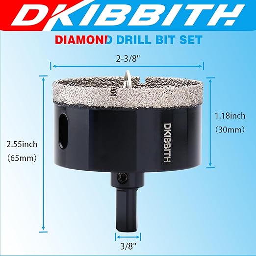 DKIBBITH 2-3/8" Diamond Hole-Saw Bits with Pilot Drill Bit - 2-3/8" Diamond Tipped Tile Hole Saws with Guiding Bit for Porcelain Tile Ceramic Pottery Granite Stone Glass Bottles 60mm.