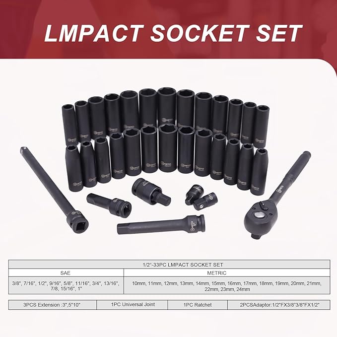 33PCS 1/2" Drive Impact Socket Set 8-22mm, Metric Cr-V Deep & Shallow 6-Point, 5" 10" Extension Bars Universal Joint, Automotive Mechanics Tool Kit, Storage Case