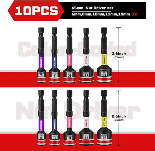 Impact Nut Driver Set, 10 Pieces 65mm Long 6mm/8mm/10mm/11mm/ 13mm 6 Point Alloy Steel Magnetic Metric Nut Setter Set Use For Installing 1/4 Hex Shank Impact Driver with Case Box