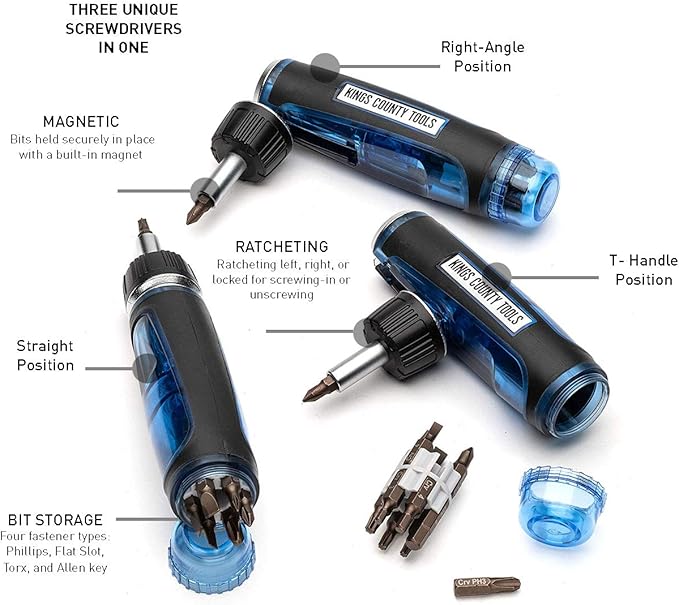 Kings County Tools Multi-Purpose Ratcheting Screwdriver | 3 Adjustable Handle Positions | Ergonomic & Sure-Grip Handle | 13 Steel Bits | Magnetic ABS Plastic Storage Cap