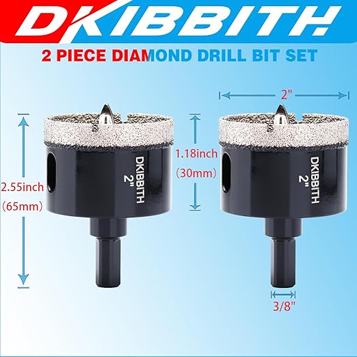 2" Diamond Hole-Saw Bits with Pilot Drill Bit - 2pc 2 in Diamond Tipped Tile Hole Saws with Guiding Bit for Accurate Drilling, for Porcelain Tile Ceramic Pottery Granite Stone Glass Bottles 50mm