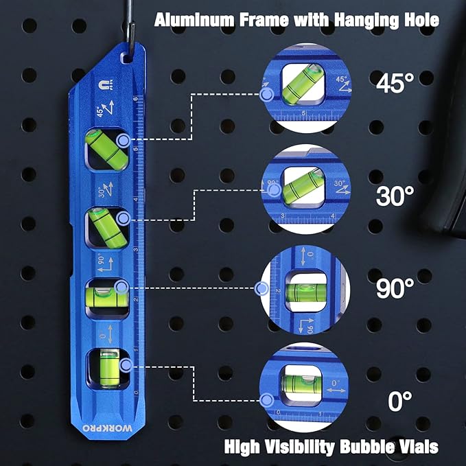 WORKPRO 8-Inch Magnetic Torpedo Level, Aluminum Alloy Construction, 4 Bubble Vials for 0째/90째/45째/30째 Measurements, Cobalt Blue