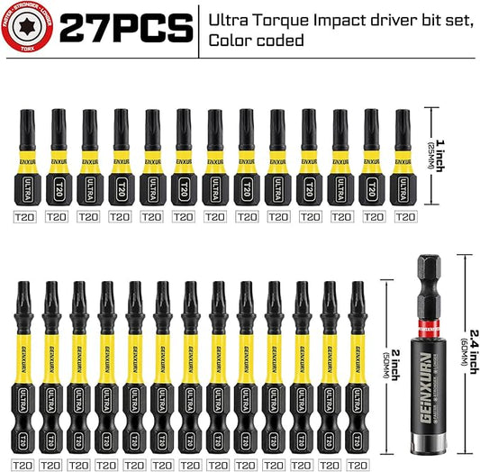 Impact Torx Screwdriver Bits Set,26Pcs 1??2?쒶agnetic T20 S2 Steel Star Driver Bits and 1Pc Bit Holder with Color Coded Base