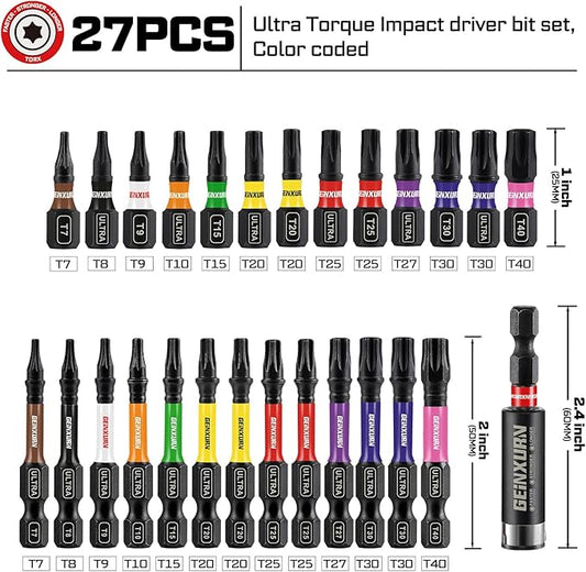 Impact Torx Screwdriver Bits Set,26Pcs 1?? 2?쒶agnetic S2 Steel Multi Star Driver Bits竊늇7-T40竊뎎nd 1Pc Bit Holder with Color Coded Base