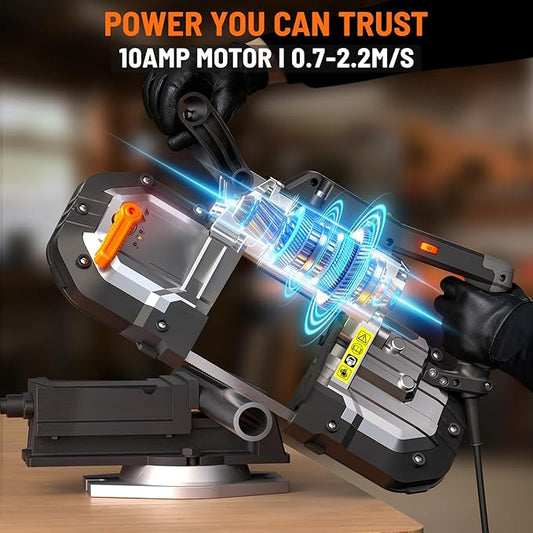 DOVAMAN Portable Bandsaw, 10A 5 Inch Cutting Capacity Handheld Corded Band Saw, 6-Speed 0째- 45째 Adjustable Angle Band Saws, For Woodworking For Cutting Metal, Includes 2 Saw Blades