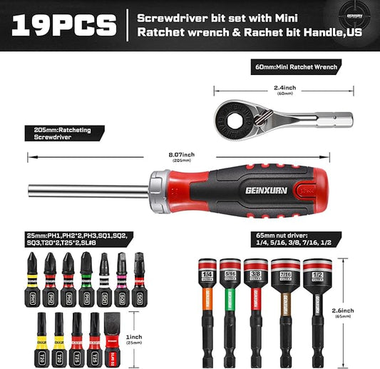 19 Pieces Ratcheting Screwdriver Set, Mini Rachet Wrench, Rachet Screwdriver Handle and Nut Driver with 12 Pcs Impact Screwdriver Bits, Portable Hand Tools Set for Repair, DIY