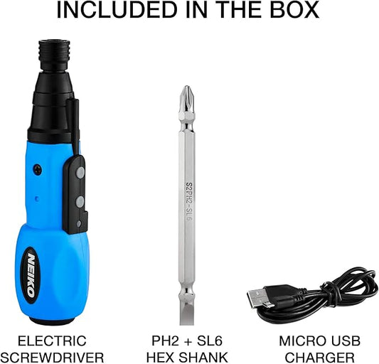 NEIKO 10577A Cordless Power Screwdriver | 1/4??Hex Auto-Lock Safety Chuck | Includes Phillips and Flathead Bit | USB Rechargeable Lithium-Ion Technology | Auto and Manual Mode