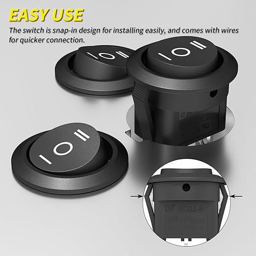 Joinfworld 3 Way Round Rocker Switch 12V, Waterproof 3 Pin 3 Position ON/Off/ON 6A/250V AC 10A/125V DC SPDT Circle Toggle Switch with Wires for Auto Car Marine Boat - 8Pack