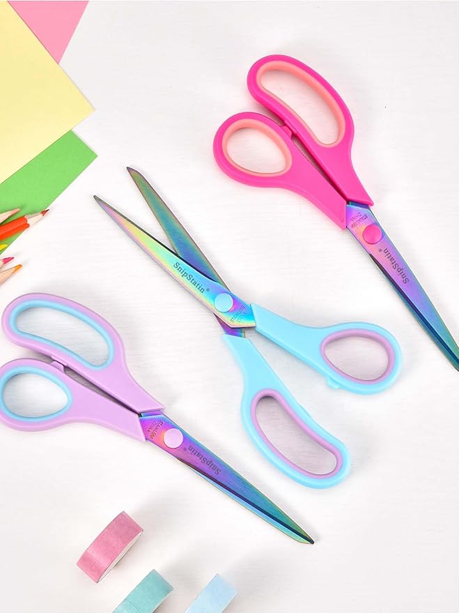 8.5" Office Scissors Heavy Duty, Titanium Coating Sharp Blades, Ergonomic Semi-Soft Rubber Grip, Scissors All Purpose for Sewing, School, Fabric, Art Craft Supplies, Pink, 3-Pack
