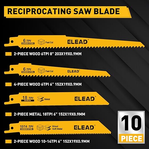 10-Piece Bi-Metal Reciprocating Saw Blade Set, Premium 6 & 8 Inch Wood & Metal Cutting Saw Blades with Storage Box