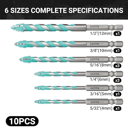 CATITO Multi-Tooth Concrete Drill Bit Set - 10PCS -Light Blue, Multi-Tooth Masonry Drill Bit, Carbide Tipped, Hexagonal Shank Drill bit, Glass, Brick, Ceramics, Plastic and Wood