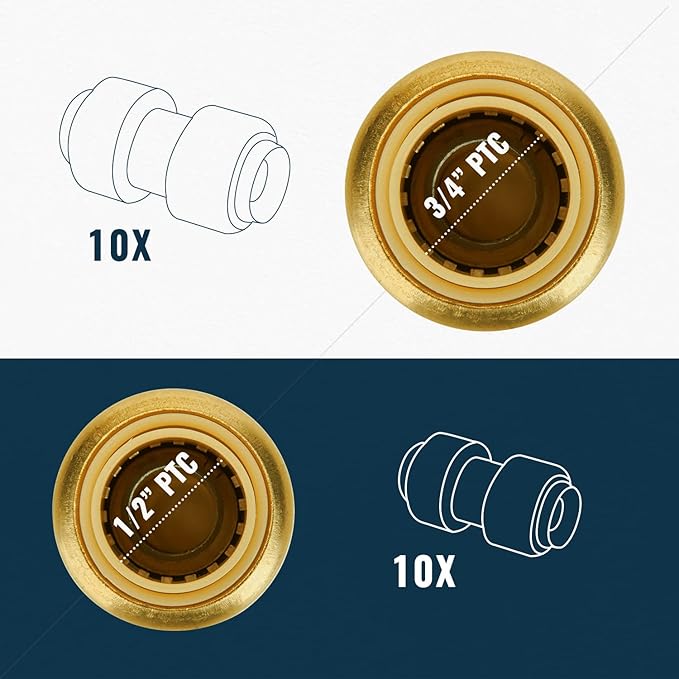 SUNGATOR Push Plumbing Fittings Set, 1/2 Inch Coupling (10 PCS), 3/4 Inch Coupling (10 PCS), No Lead Brass Push to Connect Pex Pipe, Copper, CPVC, with 2 Disconnect Clips, Pack of 20