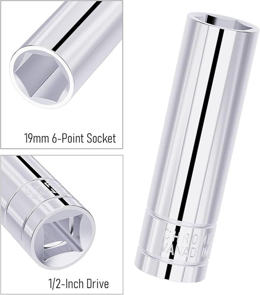 19mm(3/4-Inch) Deep Socket, 1/2 Inch Drive, 6-Point, Metric, Heat Treated CR-V Steel Sockets, Full Polishing, 3.1 Inch Length