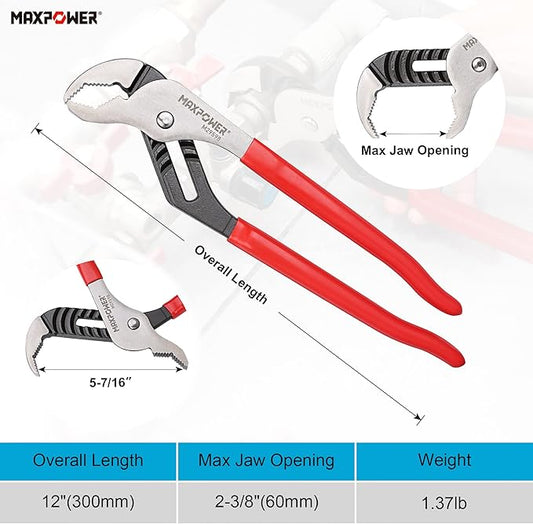 MAXPOWER 12 inch Groove Joint Pliers, Quick Adjustable Serrtated V Jaw Tongue and Groove Pliers