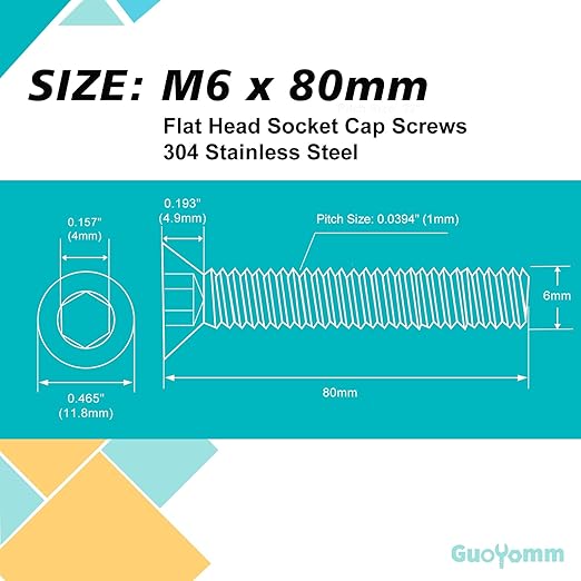 M6-1.0 x 80mm 10PCS Flat Head Hex Socket Cap Screws, Countersunk Bolts, Stainless Steel 304, Metric Allen Drive, Fully Threaded, Bright Finish