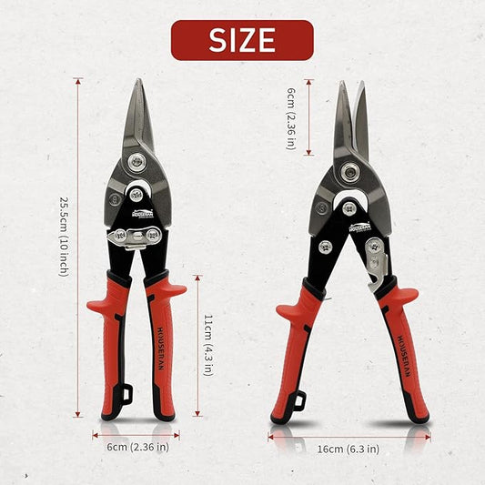 10 Inch Aviation Tin Snips, Regular Straight Cut, Heavy Duty CR-MO Metal Cutter with Double Lever, Scale Markings & Safety Lock, Shears Scissors for Cutting Metal Sheet