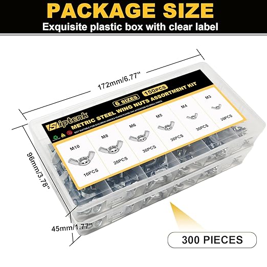 Siptenk Wing Nuts 300PCS, Metric & SAE Wingnuts 12 Assorted Sizes Carbon Steel Zinc Plated Butterfly Wing Nut M3-M10 6-32 to 3/8"-16 Fasteners Hardware Assortment Kit