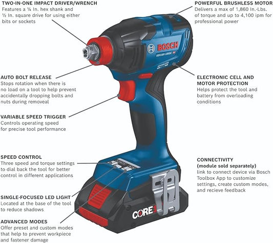 BOSCH GXL18V-260B26 18V 2-Tool Combo Kit with 1/2 In. Hammer Drill/Driver, 1/4 In. and 1/2 In. Two-In-One Bit/Socket Impact Driver, (1) CORE18V 8 Ah Battery and (1) CORE18V 4 Ah Battery