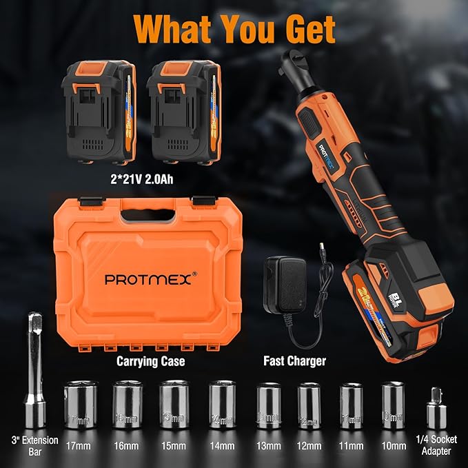 Protmex 74FT-LBS (100N.m) Cordless Ratchet Wrench, 3/8'' Brushless Electric Ratchet with 21V 2.0Ah Battery, 0-400RPM Chargeable Power Ratchet Tool Kit with Variable Speed Trigger