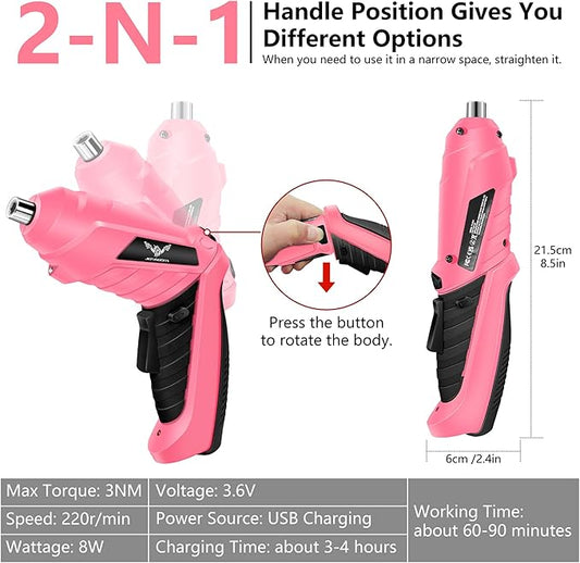 Cordless Electric Screwdriver Set 3.6V Rechargeable Small Power Drill, 3Nm Screw Gun with 2 Position Handle, LED Light, 14 in 1 Driver Bit Set, Pink & Black