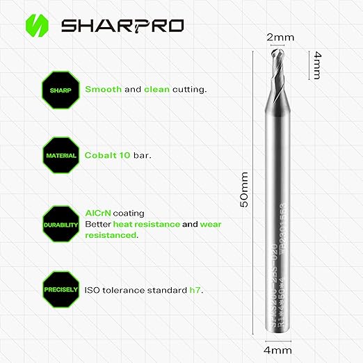 Carbide Ball Nose End Mill 2 Flute 4mm SHK. 2mm Cutting Dia. 3D Carving, High-Speed and Deep Cutting, AlCrN Coated, Apply for Alloy Steel, Stainless Steel and Various Cast Iron.