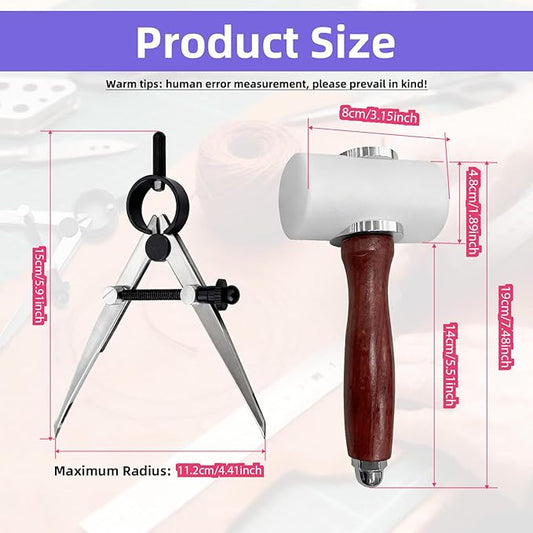 Leather Carving Hammer Mallet Wood Handle - 2PCS Set (Hammer + Compass), Durable, Easy Grip, Ideal for Leathercraft/DIY Stamping, Perfect for Leather Enthusiasts/DIY Crafters