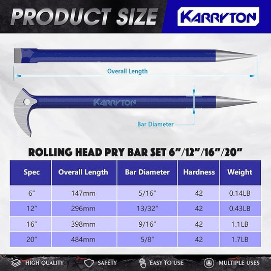 Rolling Head Pry Bar Set (6", 12", 16", 20") ??4-Piece Heavy Duty Ladyfoot Pry Bars in Molded Plastic Case, Heat-treated Alloy Steel for Automotive, Construction & Demolition