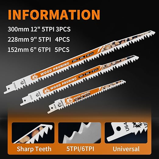 12-Piece Wood Pruning Reciprocating Saw Blade Set, Saw Blades Set, High Carbon Steel Pruning Blades for Tree, Wood and PVC Pipe Cutting