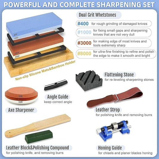 Knife Sharpening Stone Kit, 12pcs Dual Grit Whetstone 400/1000&3000/8000 White Corundum, Whetstone kit with Non-slip Bases, Flattening Stone, Angle Guide, Honing guide…