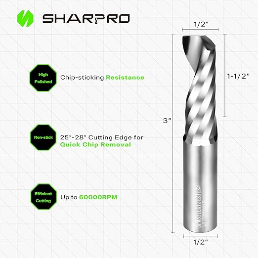 1/2 Inch Shank Single Flute (O Flute) Cutter Carbide Spiral Router 1/2 Inch Cutting Diameter Carbide Single Flute CNC Router Bit, Ideal for Aluminum, Plastic, Acrylic, Wood, MDF and PVC