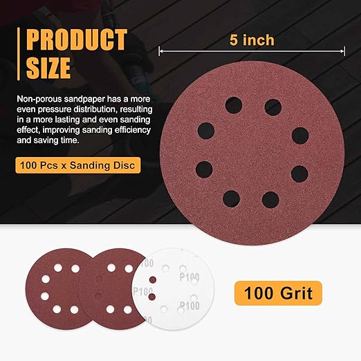 100 Pack 5 Inch Sanding Disc 100 Grit 8 Hole Round Hook and Loop Sandpapers Fit for Orbital Sander Automotive or Cars Repairing, Grinding or Polishing, Red