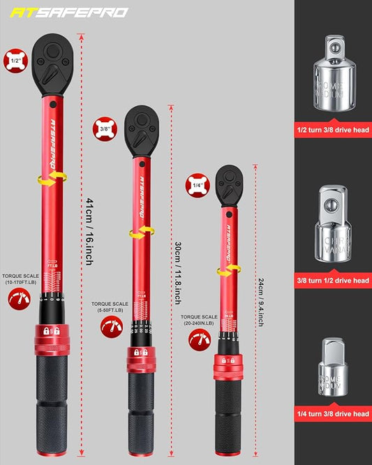 ATsafepro Torque Wrench Set-1/4 20??40 in-LB, 3/8" 5??0 ft-lb,1/2" 10??70 ft-lb with 3 Socket Adapters,짹3% Accuracy, Dual Scale, 72-Tooth, Dual-Direction for Car, Bike, Motorcycle Repair Maintenance