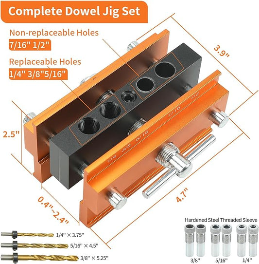 Self Centering Doweling Jig Kit - Adjustable Width Dowel Jig Kit for Straight Holes, Biscuit Joiner Set, 6 Bushings, 3 Size Drill Bits - Woodworking Precision Tool