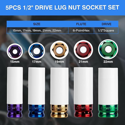 1/2" Drive Wheel Protector Impact Socket, Non-Marring Lug Nut Thin Wall Deep Socket Set, CR-MO, 6 Point, Color-Coded Protective Socket | Metric 15 17 19 21 22 mm (5 PCS)