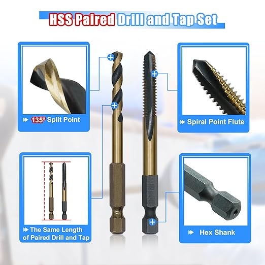 HighFire 10-Piece Hex Shank Drill and Tap Set for Metal, Impact Drill Bit Set, Upgrade Combination of Drill and Tap Set 6-32 UNC to 1/4-20 UNC, MRO & Industrial Grade, DIY Hex Screwdriver